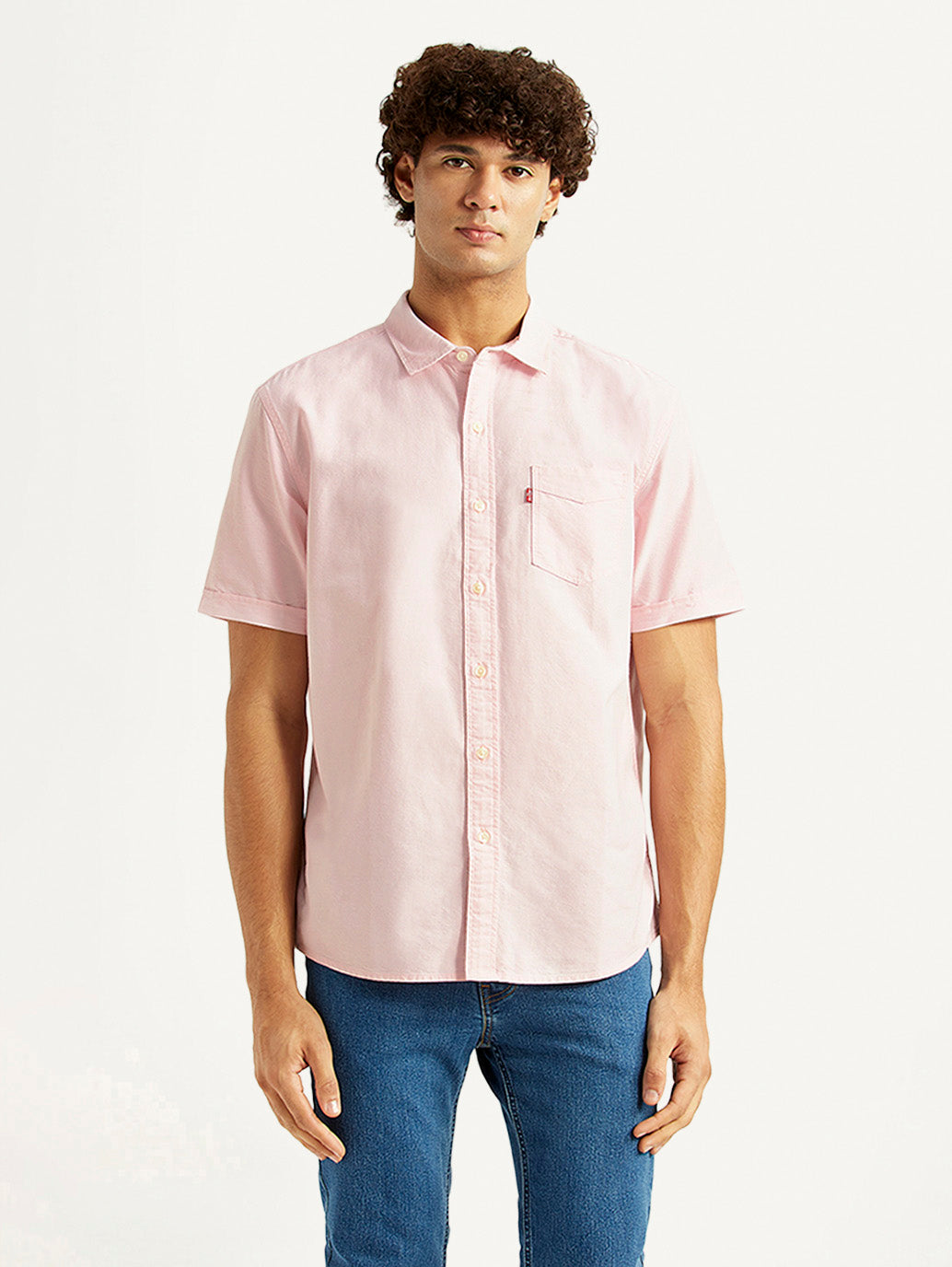 Men's Solid Light Pink Slim Fit Oxford Shirt - Front View