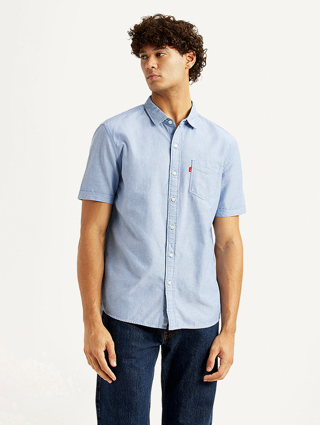 Men's Solid Light Blue Slim Fit Oxford Shirt - Front View