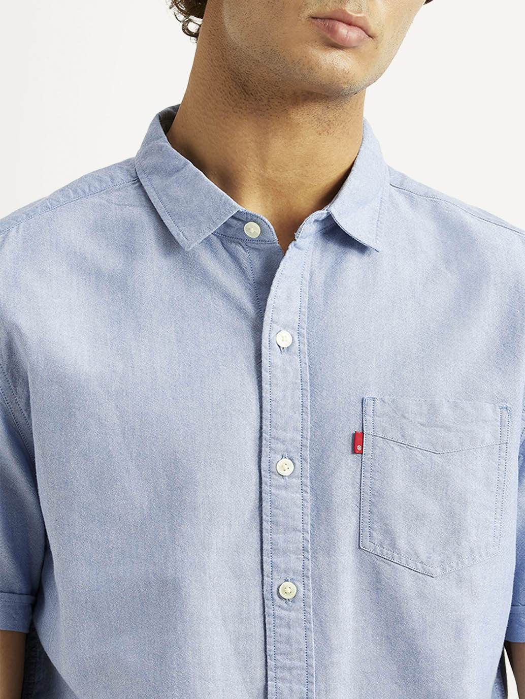 Men's Solid Light Blue Slim Fit Oxford Shirt - Detail View