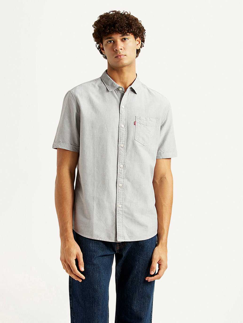 Men's Solid Light Grey Slim Fit Oxford Shirt - Front View