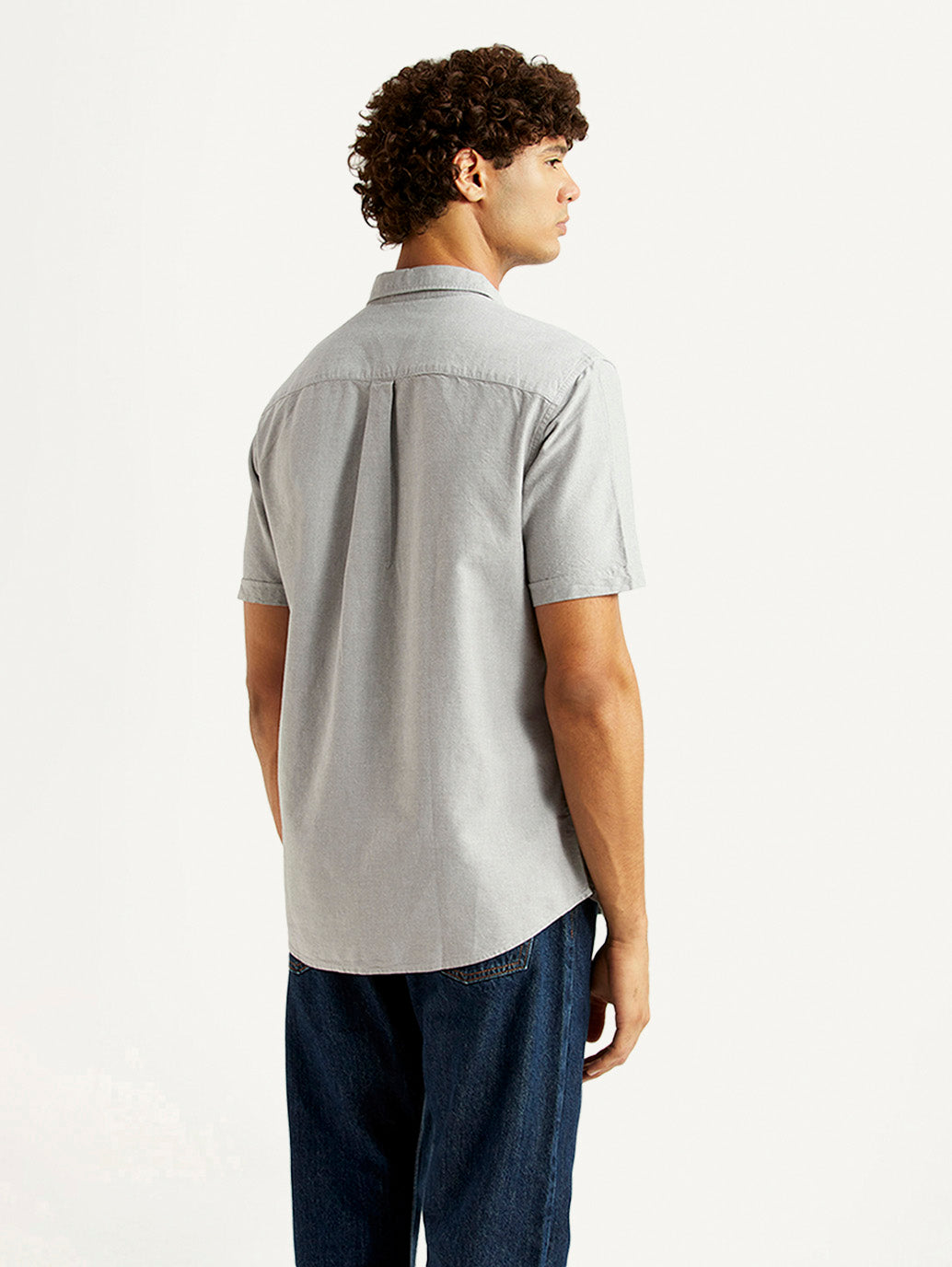 Men's Solid Light Grey Slim Fit Oxford Shirt - Back View