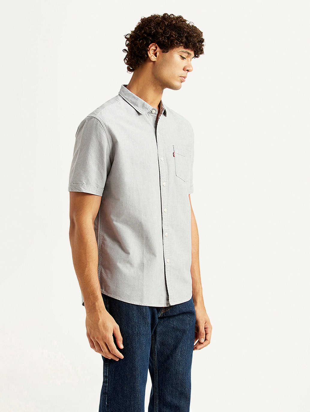 Men's Solid Light Grey Slim Fit Oxford Shirt - Side View