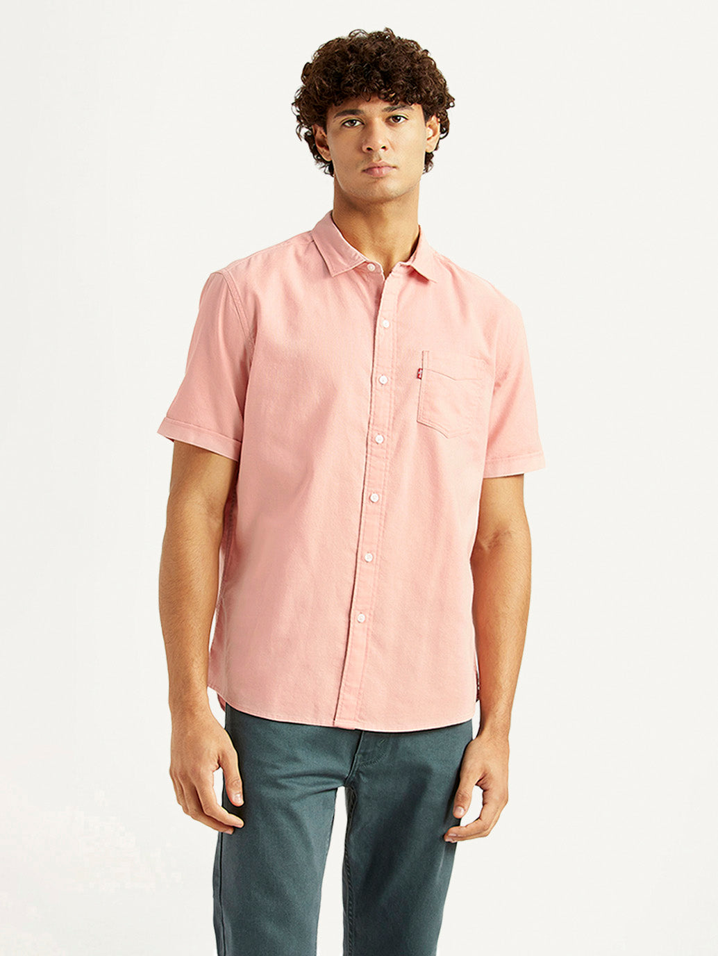 Men's Solid Light Pink Slim Fit Oxford Shirt - Front View