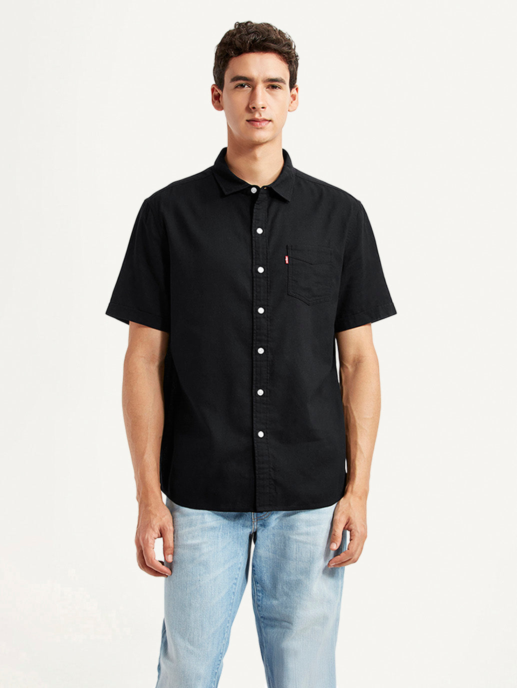 Men's Solid Black Slim Fit Oxford Shirt - Front View