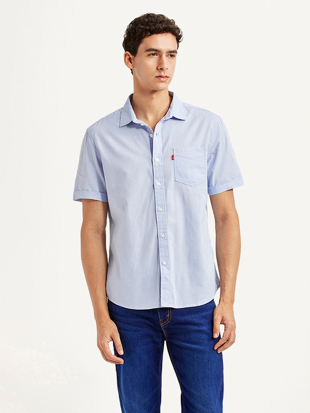 Men's Solid Light Blue Slim Fit Oxford Shirt - Front View