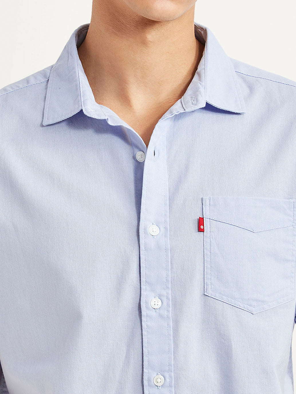 Men's Solid Light Blue Slim Fit Oxford Shirt - Detail View