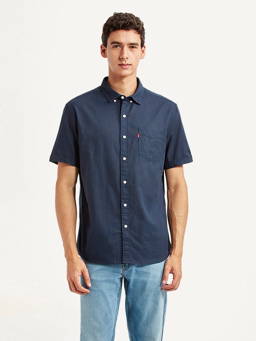 Men's Solid Navy Slim Fit Oxford Shirt - Front View