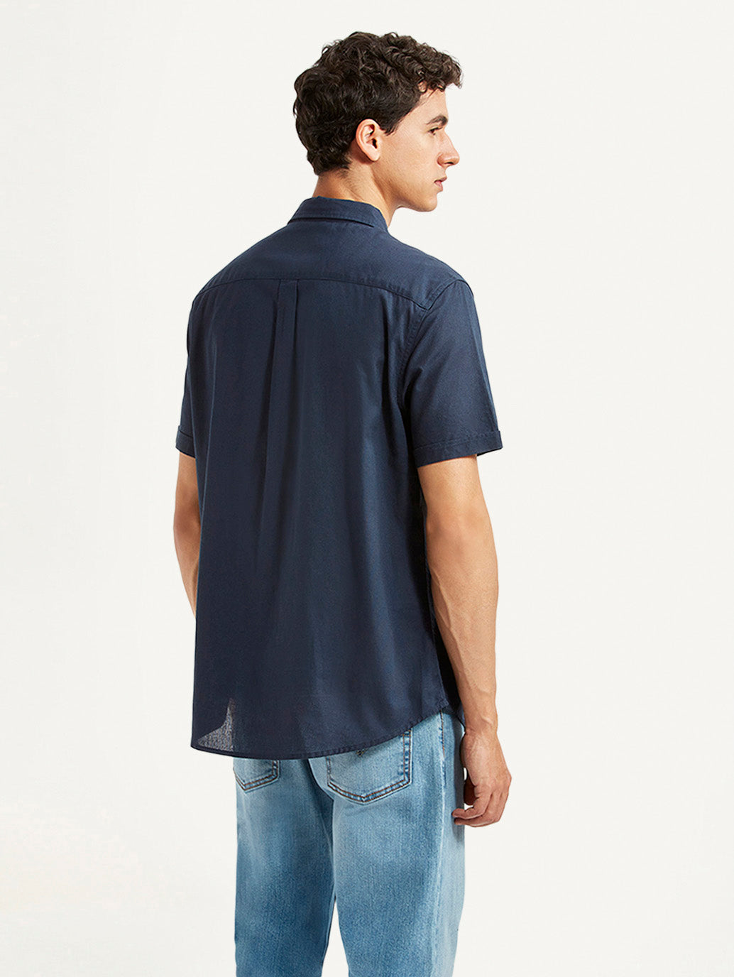 Men's Solid Navy Slim Fit Oxford Shirt - Back View