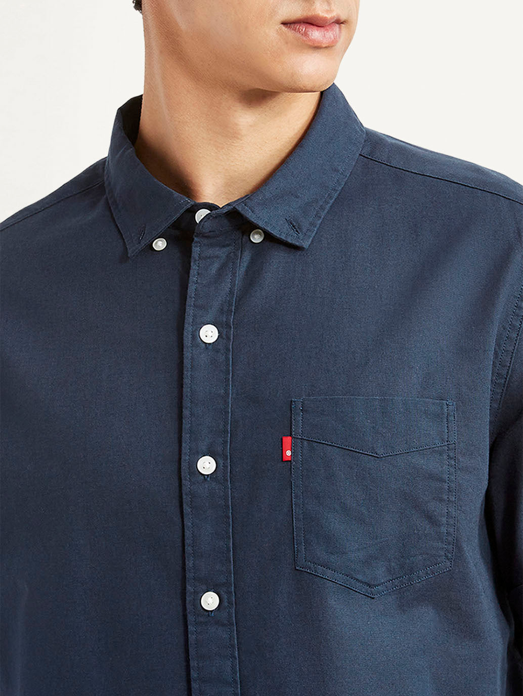 Men's Solid Navy Slim Fit Oxford Shirt - Detail View