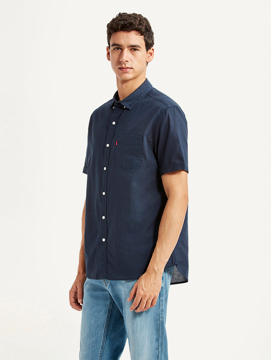 Men's Solid Navy Slim Fit Oxford Shirt - Side View