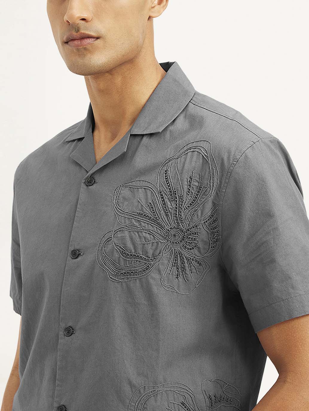 Men's Resort Collar Embroidered Regular Fit Shirt - 34c2d973ce83e8271facd60c37d7bfbe View