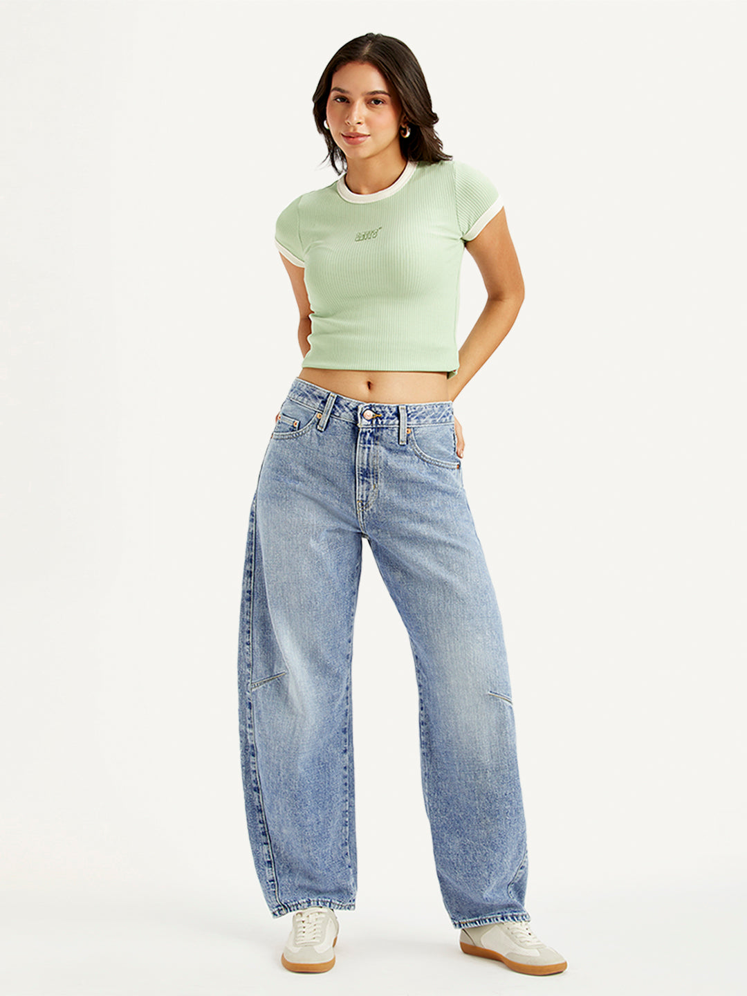Women's Light Blue Baggy Dad Barrel Fit Mid Rise Jeans