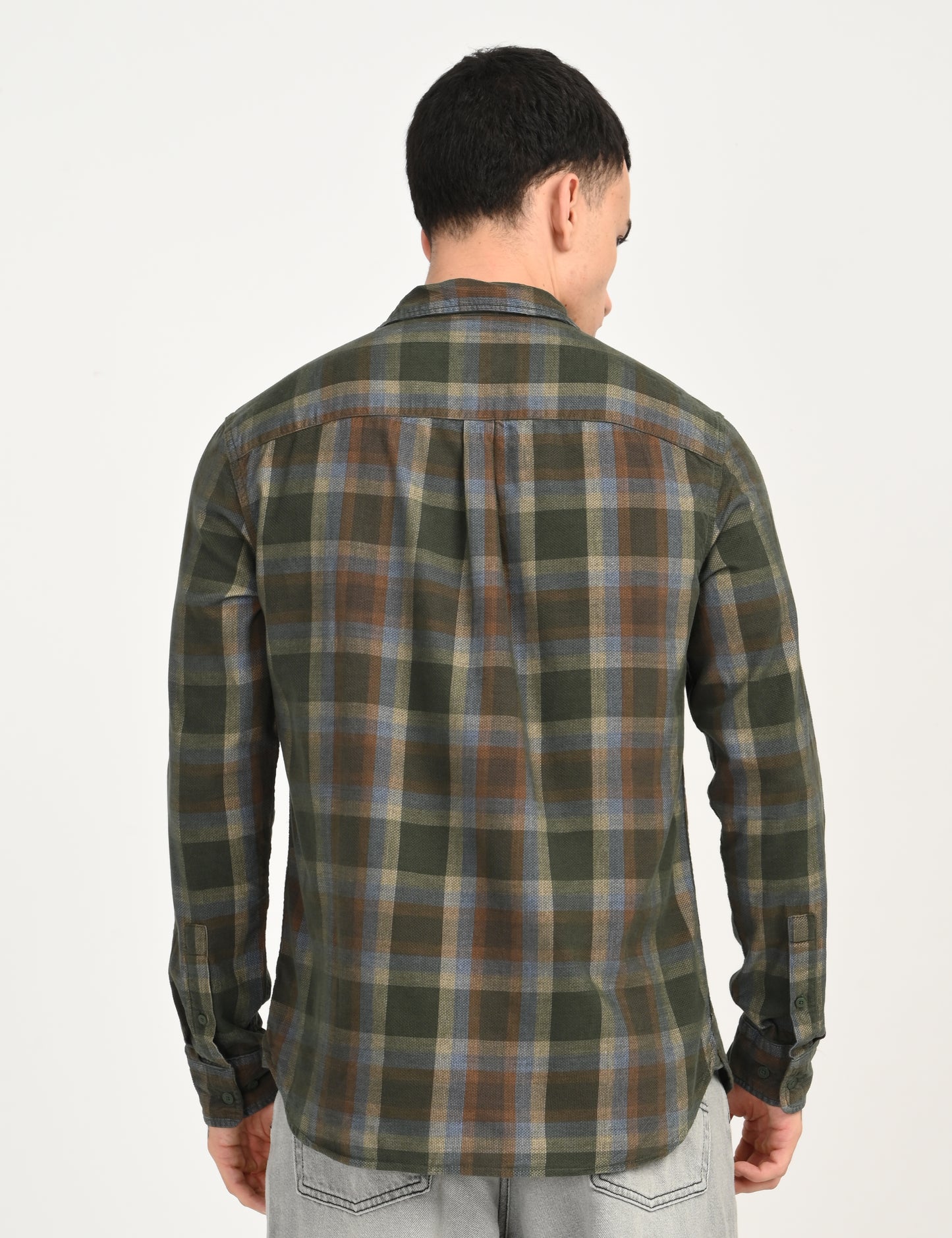 Men's Checkered Olive Slim Fit Corduroy Shirt - c090acb1-5000-479e-9360-fc5734c5e382 View