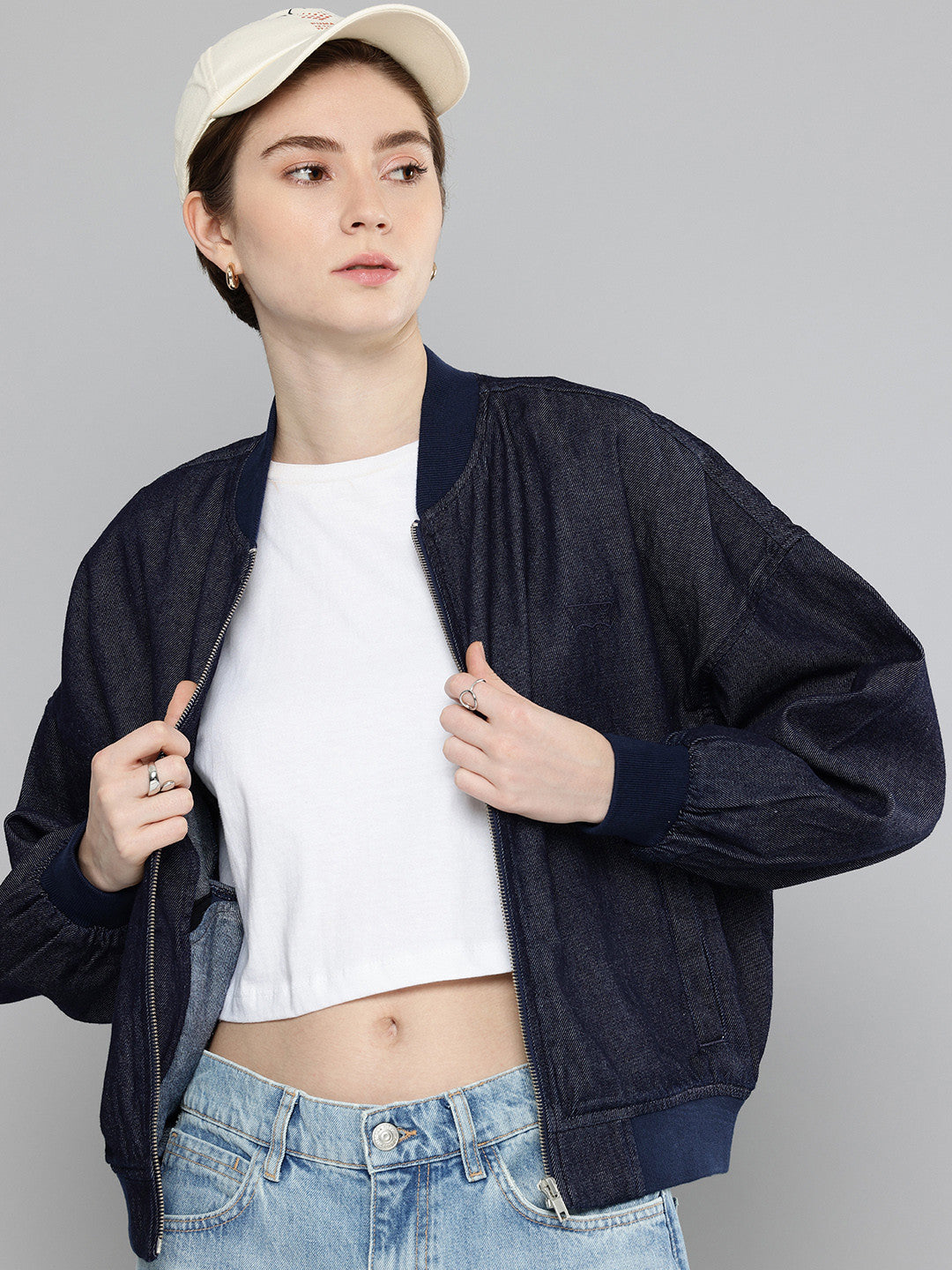 Women's Embroidered Navy Bomber Jacket