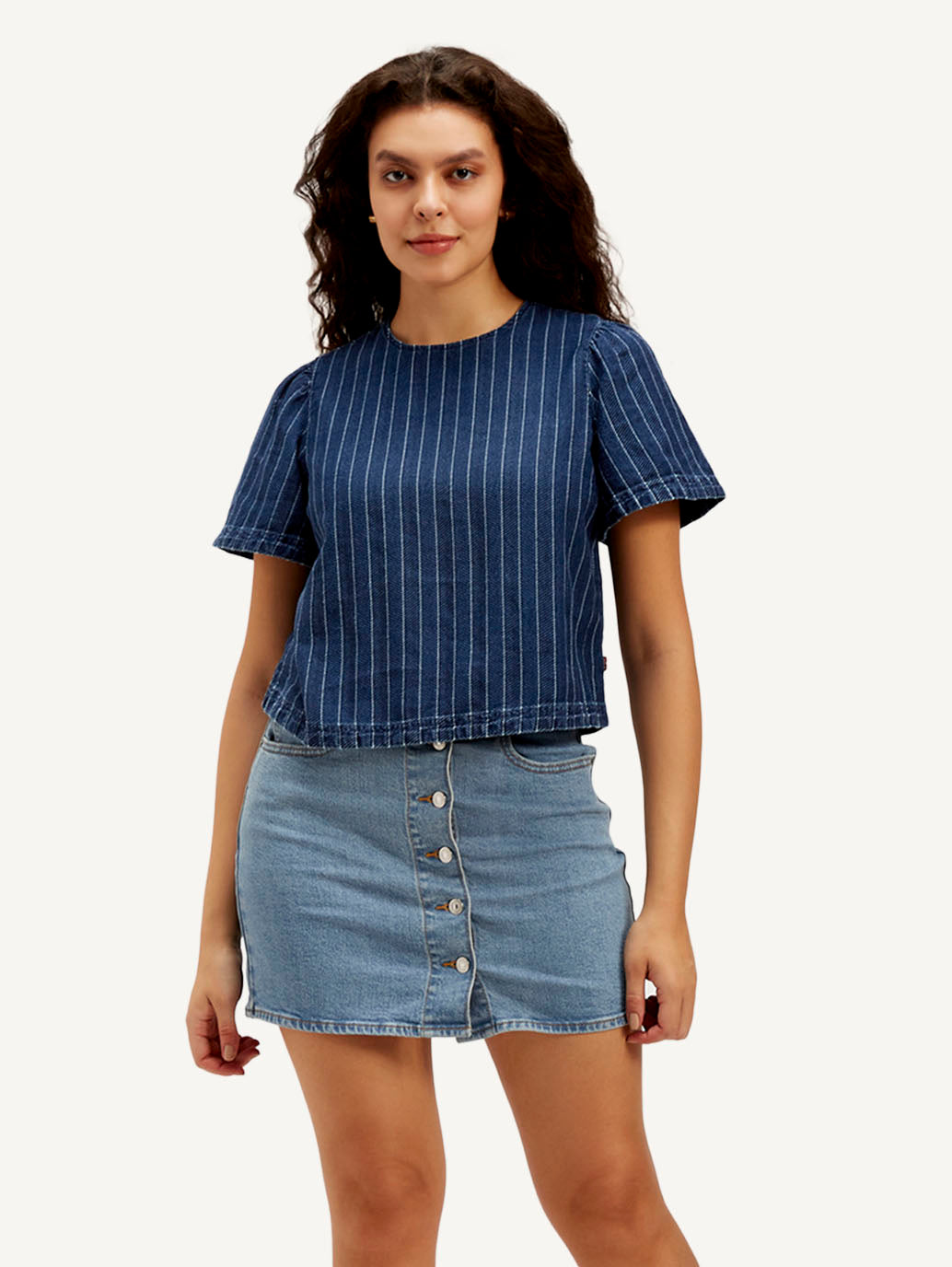 Women's Striped Dark Blue Round Neck Denim Top
