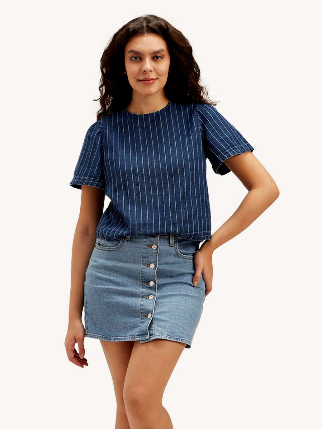 Women's Striped Dark Blue Round Neck Denim Top - 4c45bd7850fd38f8bd53629117798c4e View