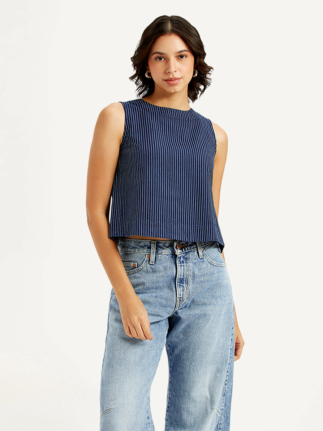 Women's Striped Blue Boat Neck Top