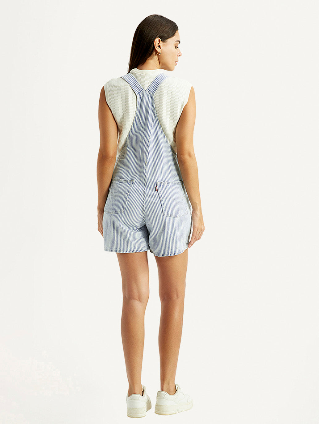 Women's Striped Light Blue Square Neck Dungaree - Back View