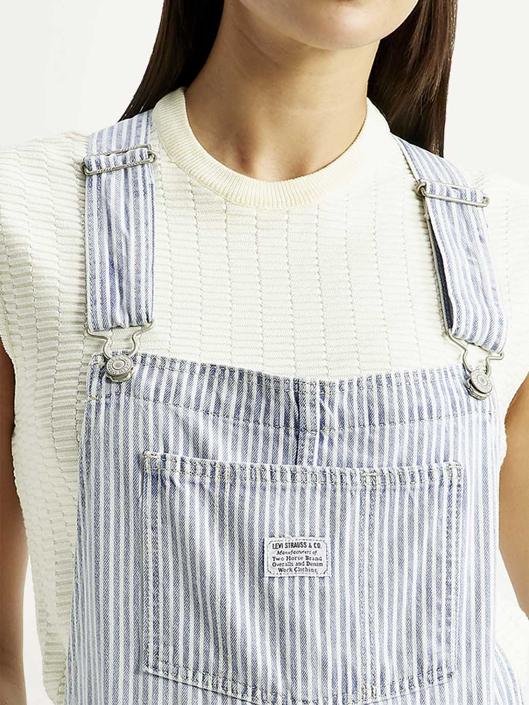 Women's Striped Light Blue Square Neck Dungaree - Detail View