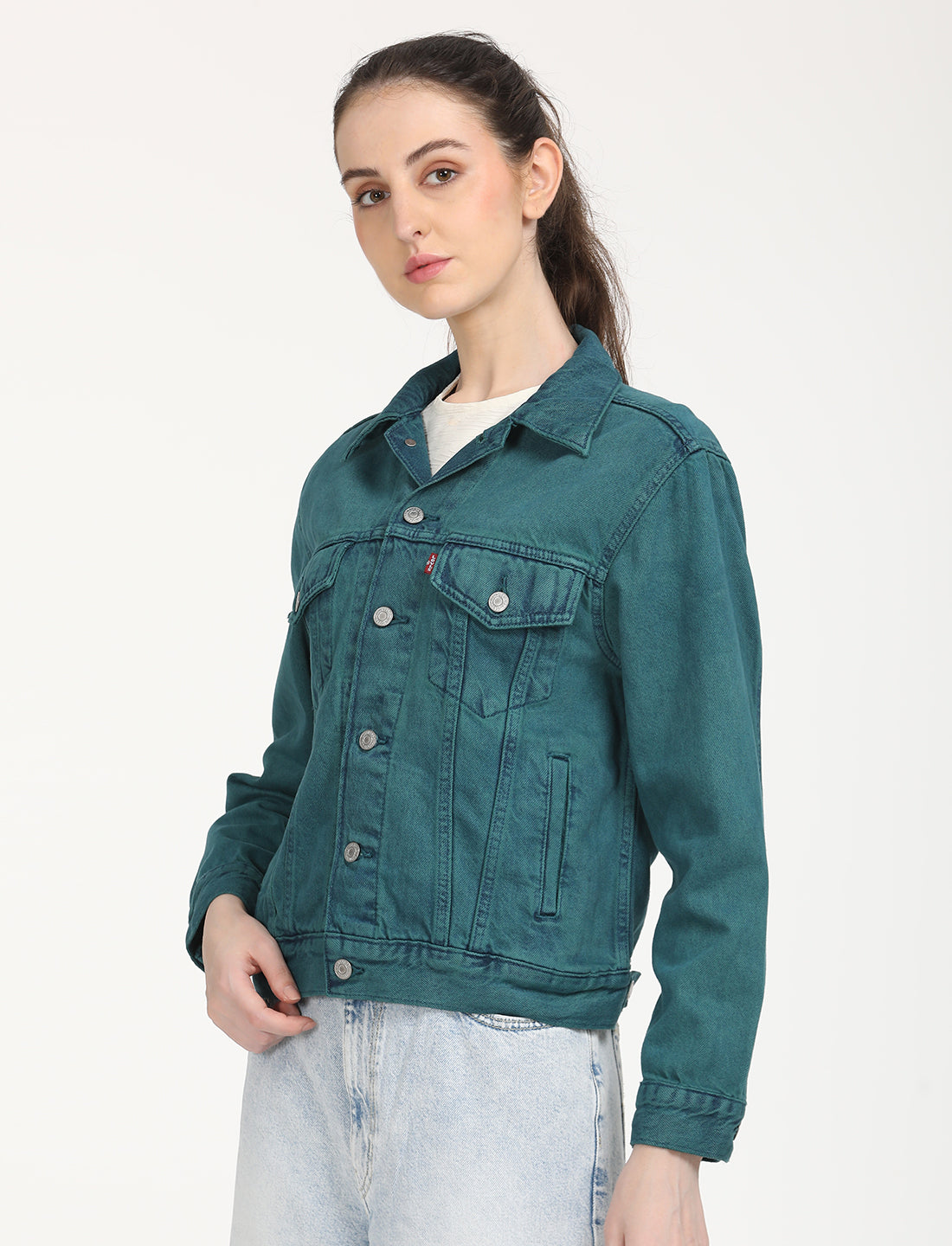 Women's Solid Teal Green Spread Collar Trucker Jacket