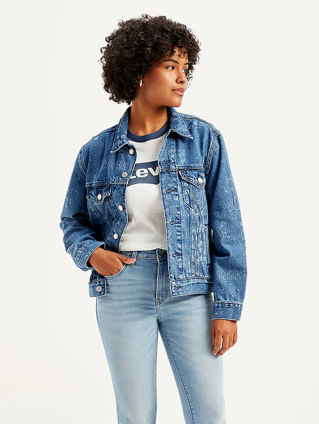 Women's Paisley Print Blue Spread Collar Denim Trucker Jacket
