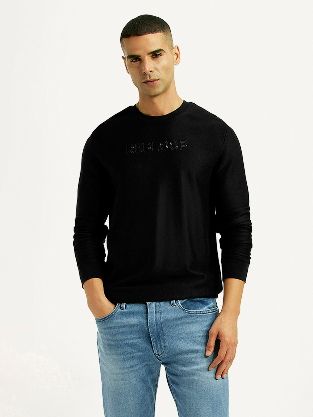 Men's Knitted Black Crew Neck Sweatshirt - Styleshot View