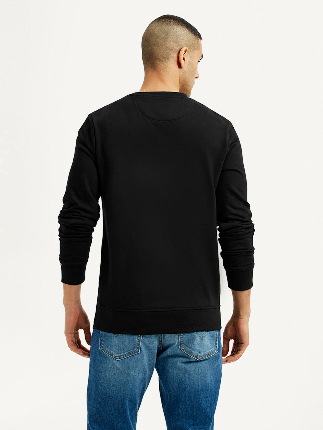 Men's Brand Logo Black Crew Neck Sweatshirt - Back View