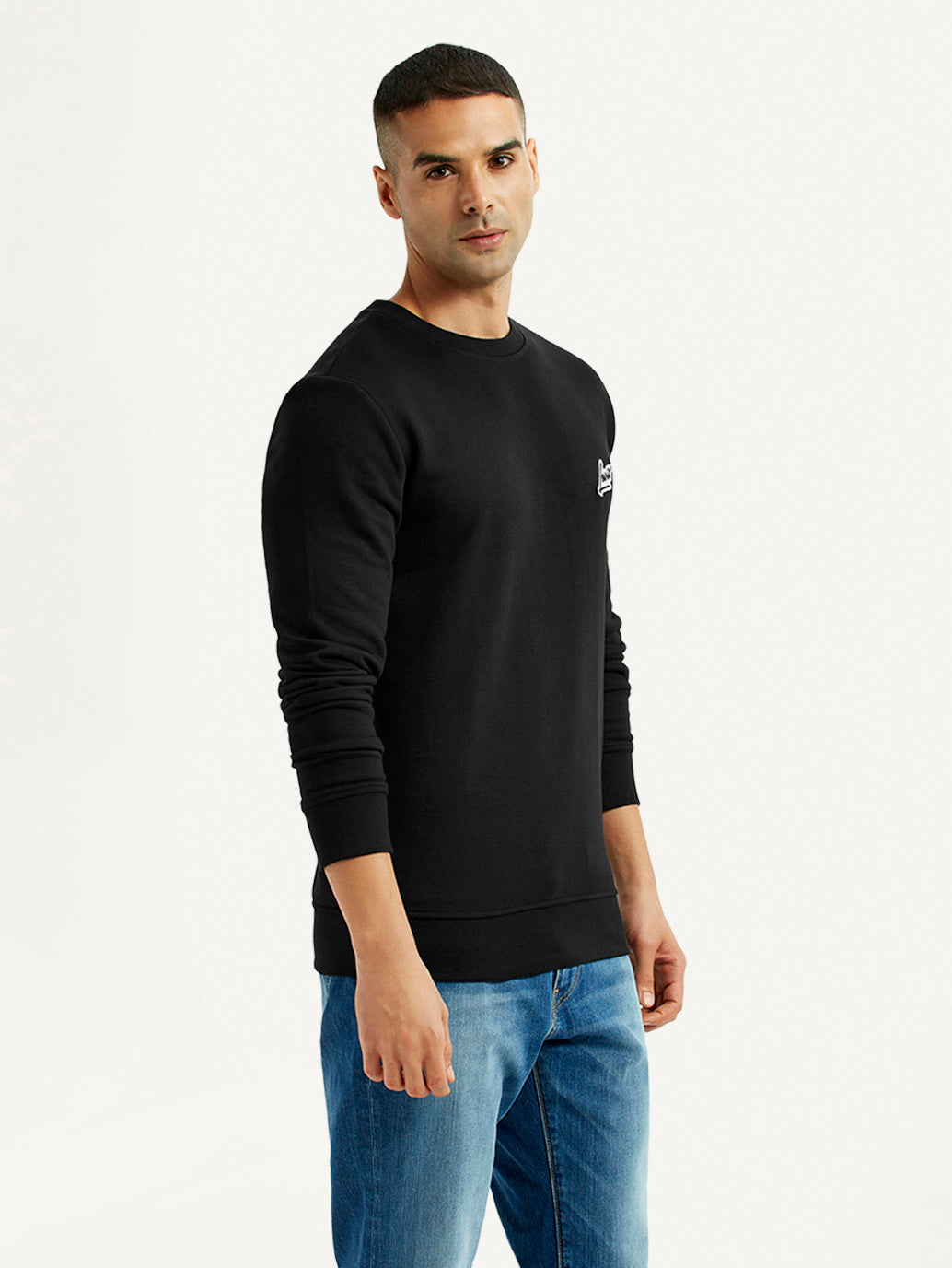 Men's Brand Logo Black Crew Neck Sweatshirt - Side View