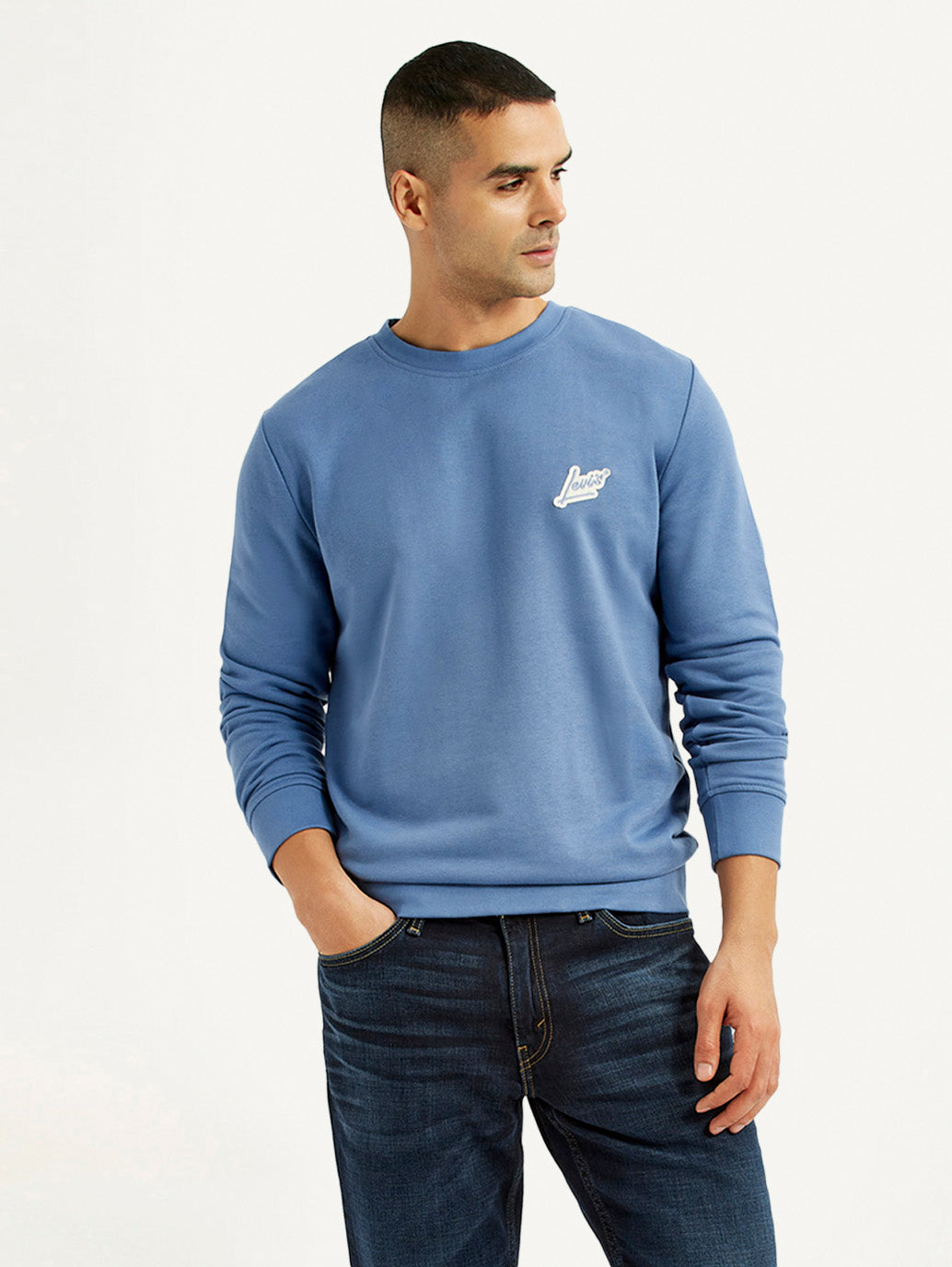 Men's Brand Logo Blue Crew Neck Sweatshirt - Styleshot View