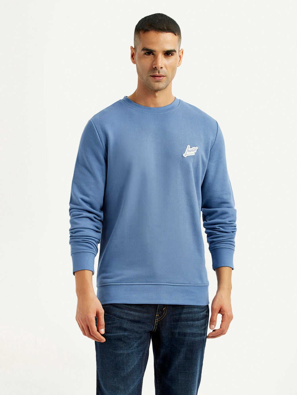 Men's Brand Logo Blue Crew Neck Sweatshirt - Front View