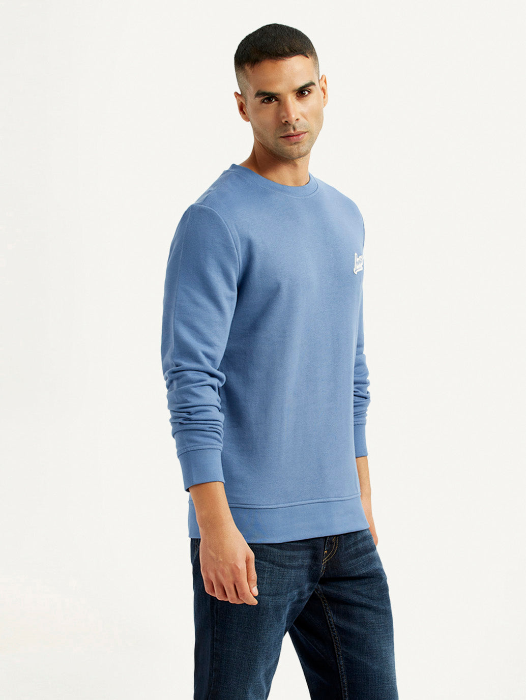 Men's Brand Logo Blue Crew Neck Sweatshirt - Side View
