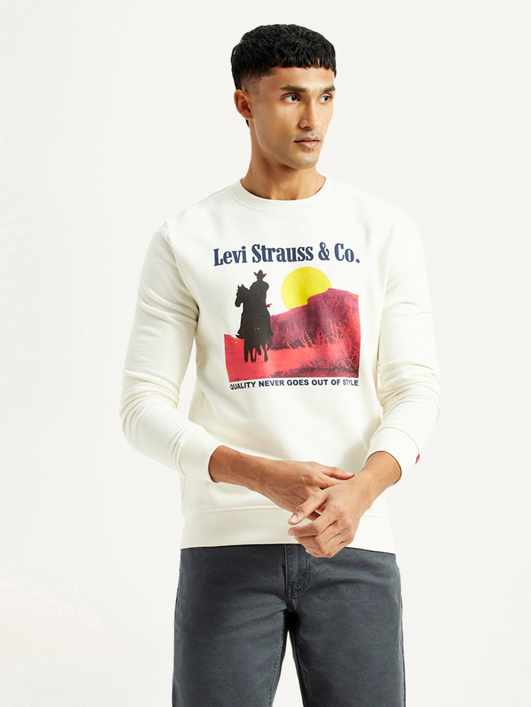 Men's Graphic Print Off White Slim Fit Sweatshirt - Front View