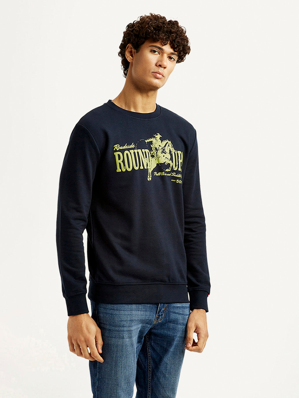 Men's Graphic Print Navy Slim Fit Sweatshirt - Side View