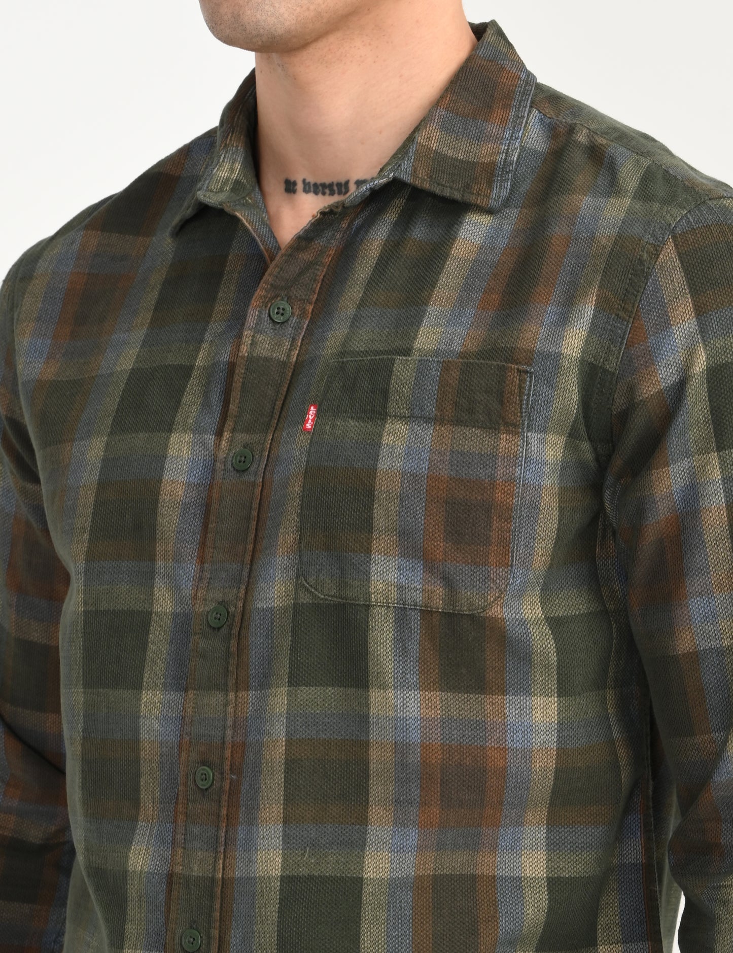 Men's Checkered Olive Slim Fit Corduroy Shirt - c9be348a-60c2-4788-b7a0-a0a636294880 View