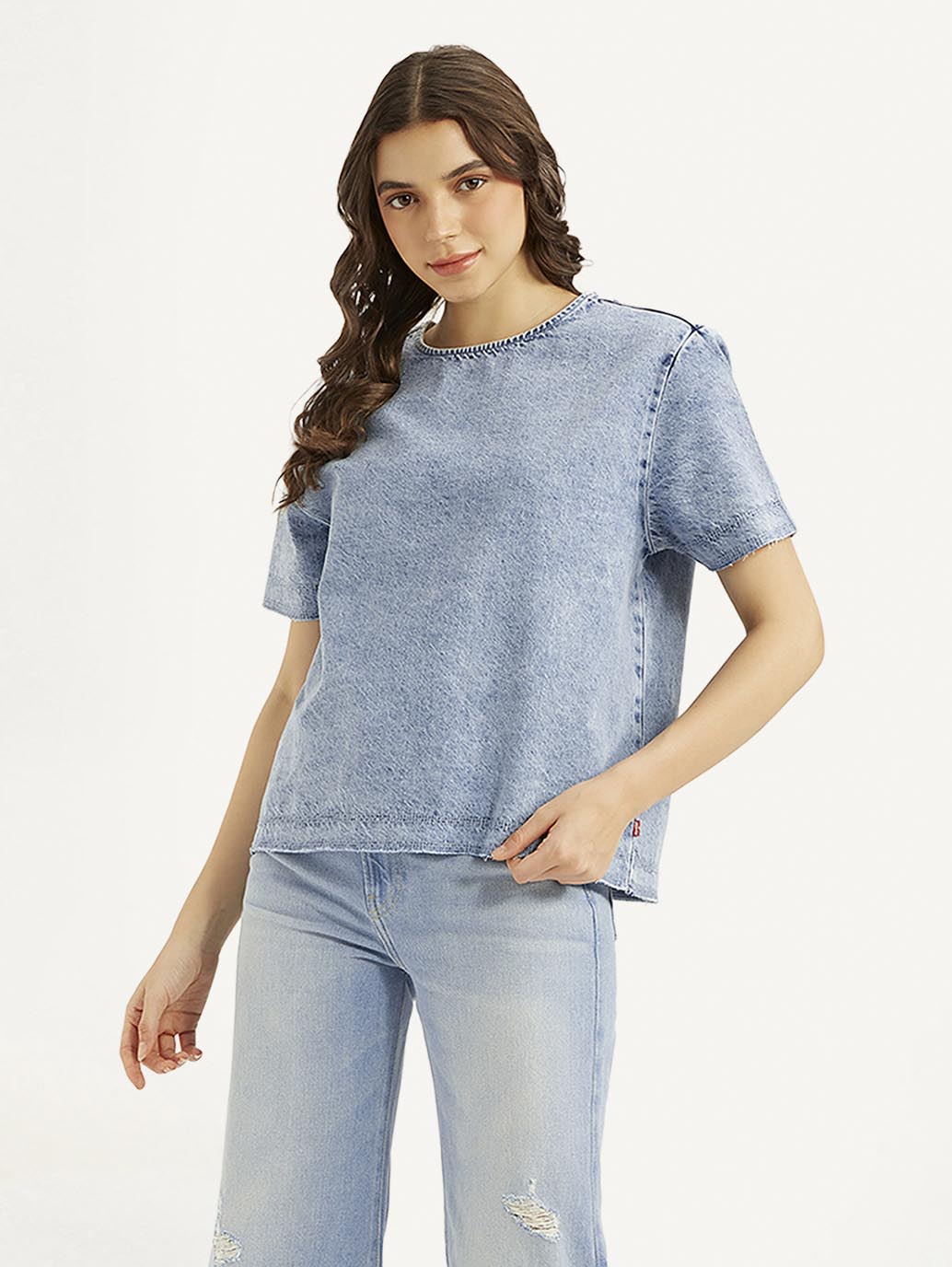 Women's Solid Light Blue Round Neck Denim Top - 5d4dfd9bcd9949b3fe22f3a9f9b15c82 View