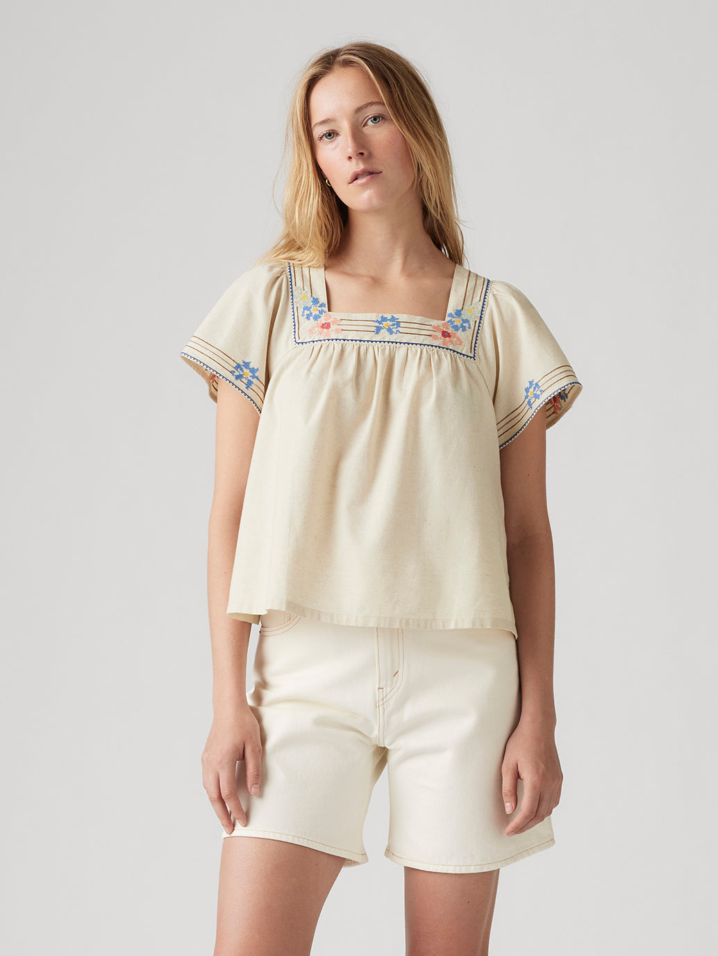 Women's Embroidered Cream Square Neck Top
