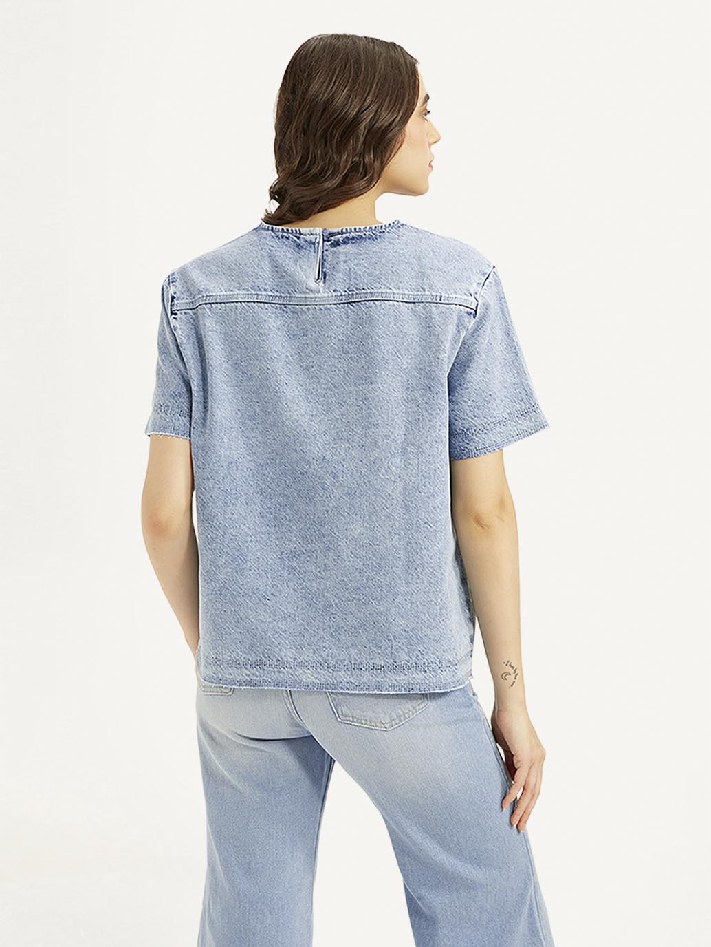 Women's Solid Light Blue Round Neck Denim Top - 6001f4628a696fac5668f737fa3309bd View
