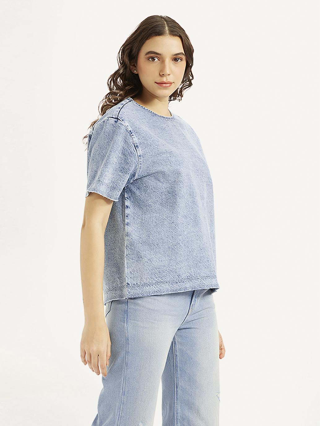 Women's Solid Light Blue Round Neck Denim Top - 6178eb3f25a44b6b1ebbe02eae740bf6 View