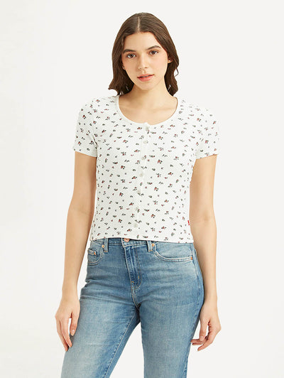 Women's Floral White Round Neck Top