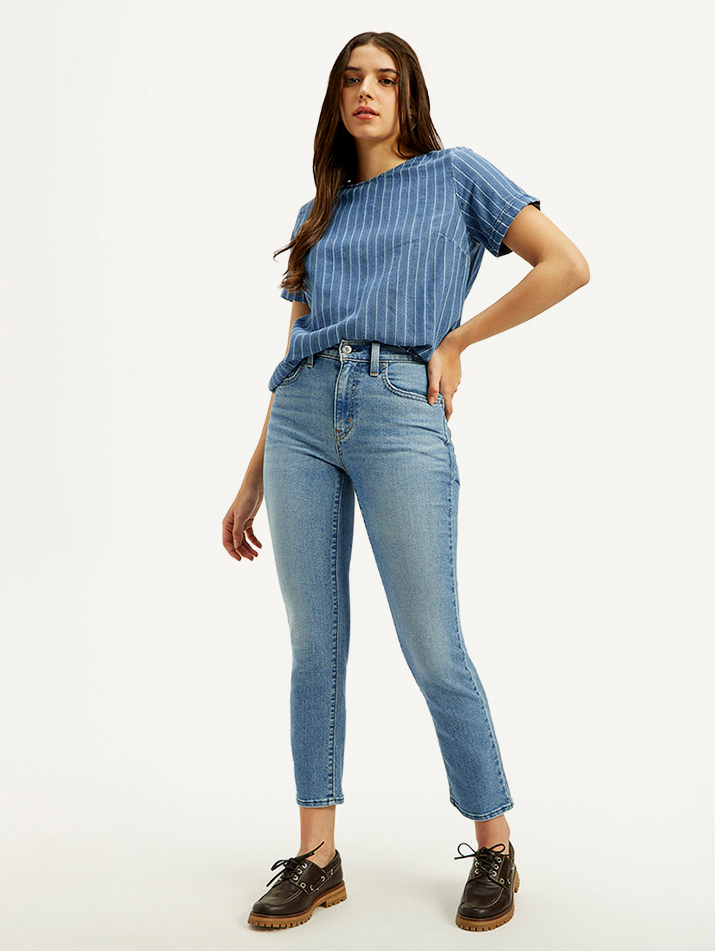 Women's 724 Light Blue Slim Straight Fit High Rise Jeans - Styleshot View