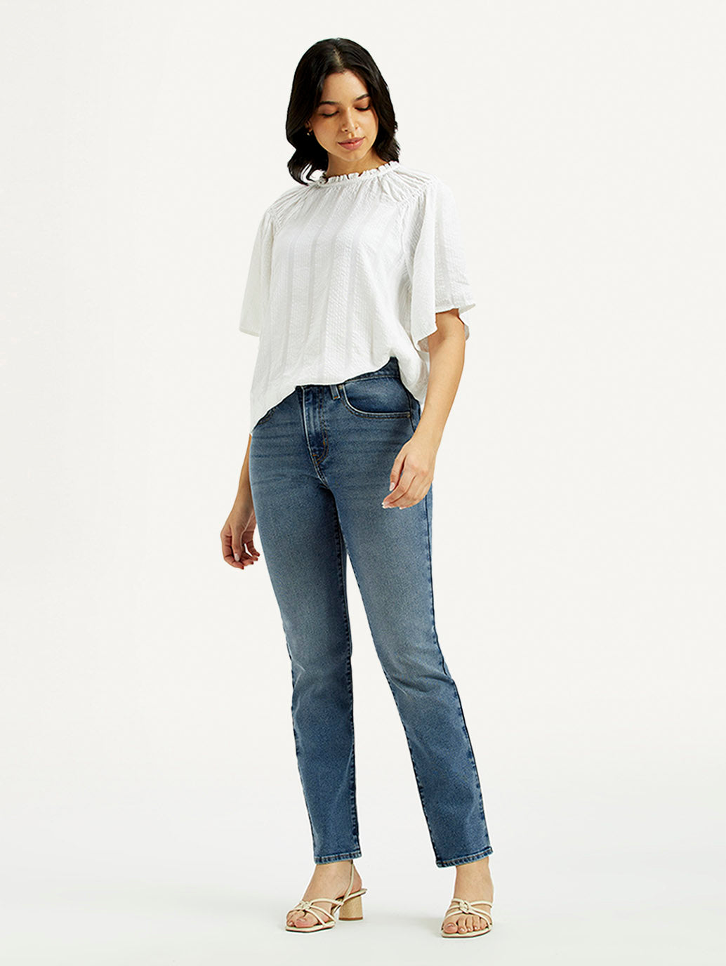 Women's 724 Med Indigo Slim Straight Fit High Rise Jeans - Styleshot View
