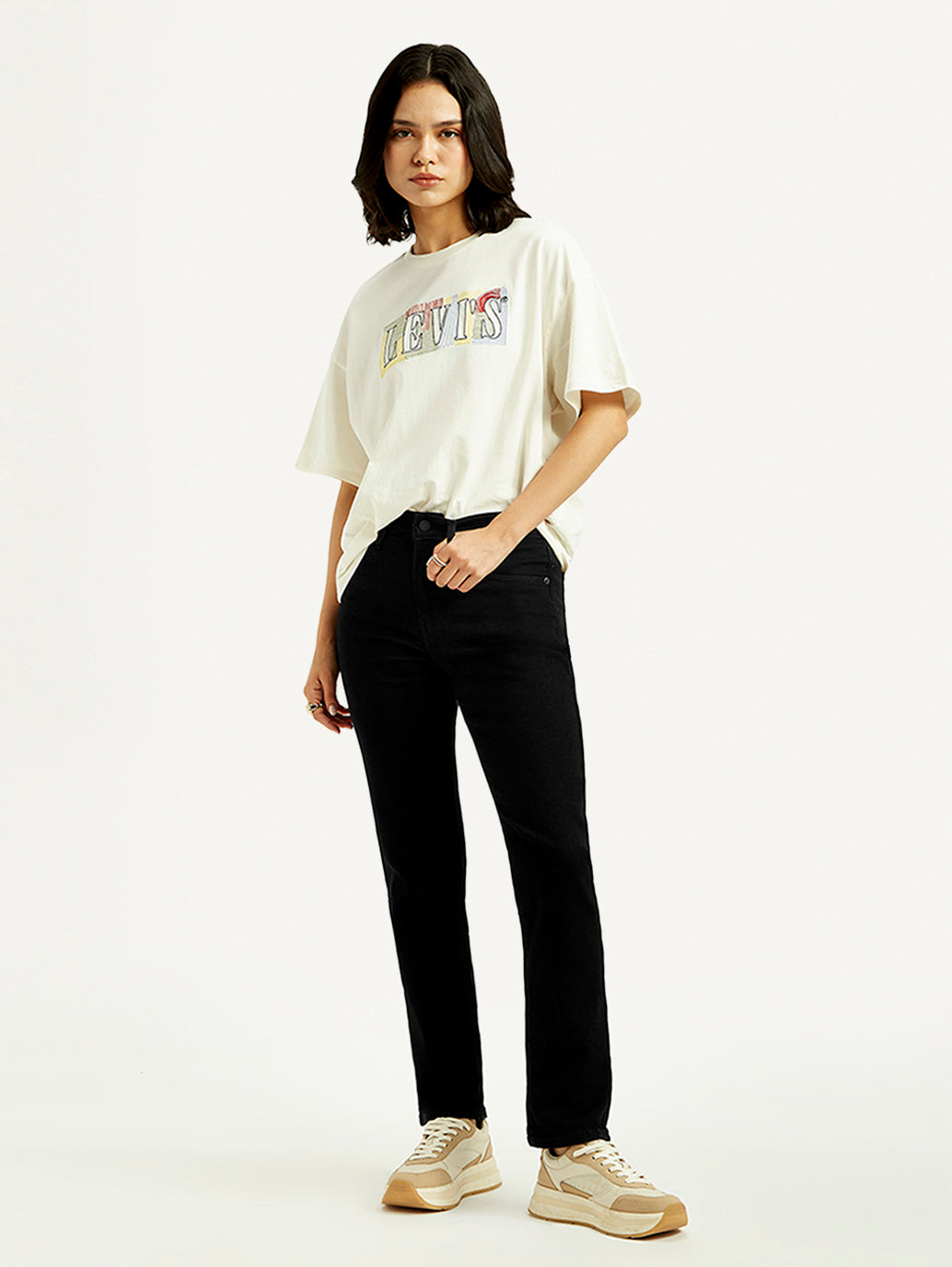 Women's 724 Black Slim Straight Fit High Rise Jeans - Styleshot View