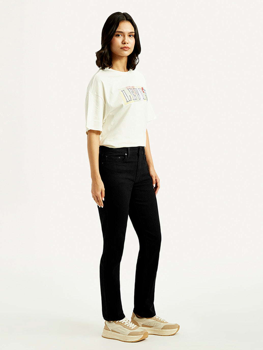 Women's 724 Black Straight Fit High Rise Jeans - Side View