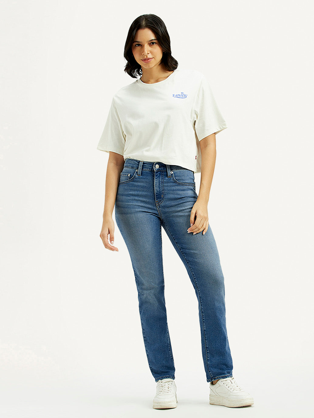 Women's 724 Med Indigo Straight Fit High Rise Jeans - Styleshot View