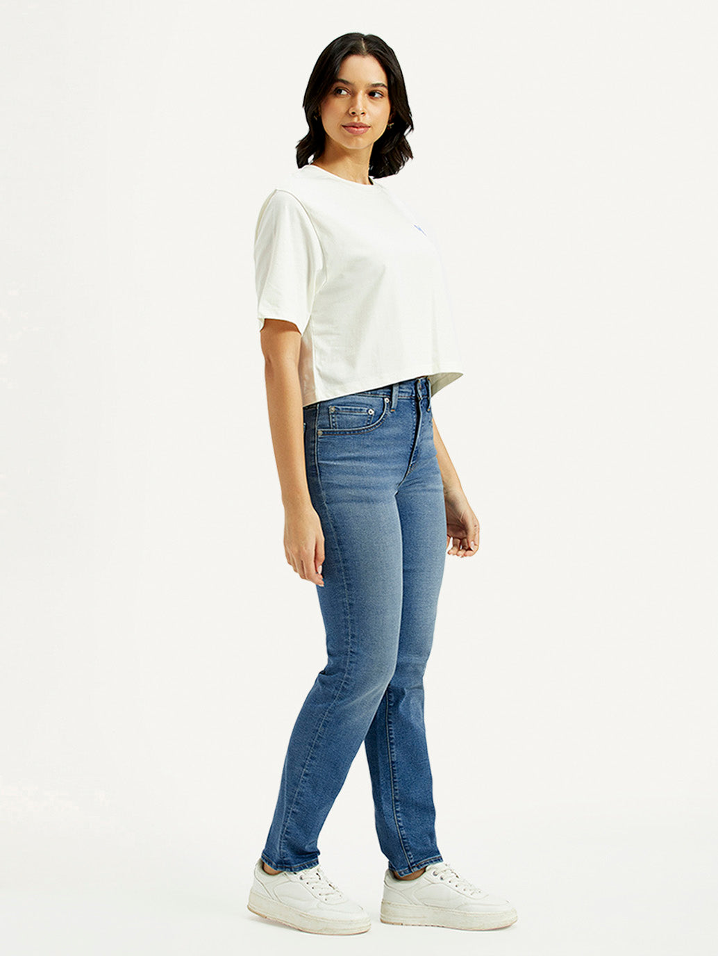 Women's 724 Med Indigo Straight Fit High Rise Jeans - Side View