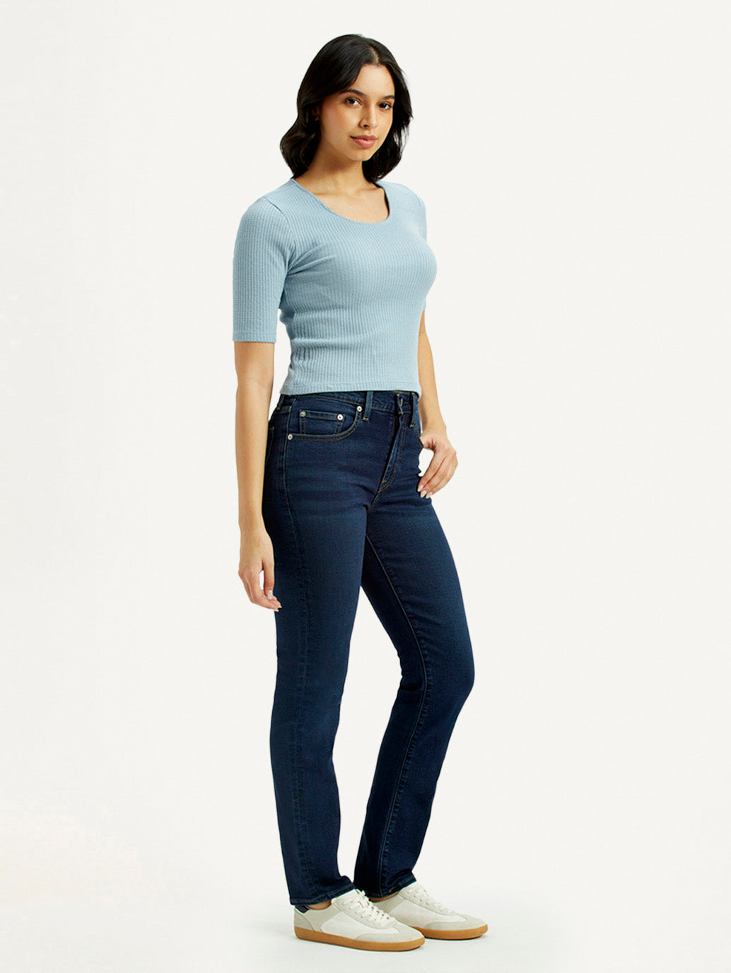 Women's 724 Dark-Blue Slim Straight Fit High Rise Jeans - Side View