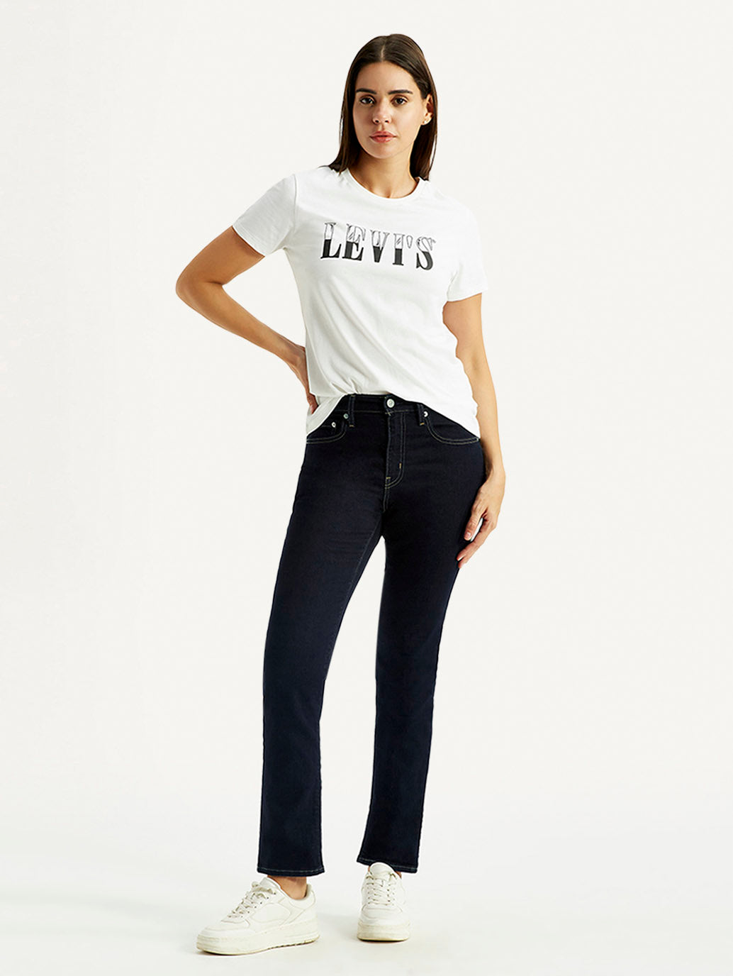 Women's 724 Navy Straight Fit High Rise Jeans - Styleshot View