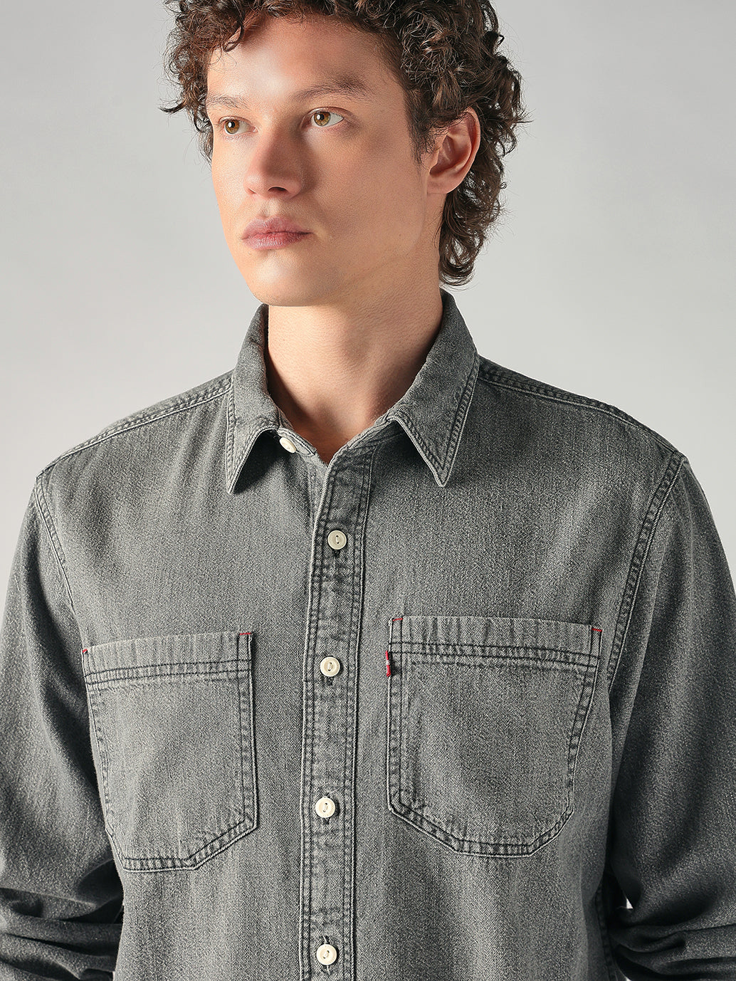 Men's Grey Solid Relaxed Fit Denim Shirt - caa4584f-d640-4d39-bc83-d430612e77b6 View