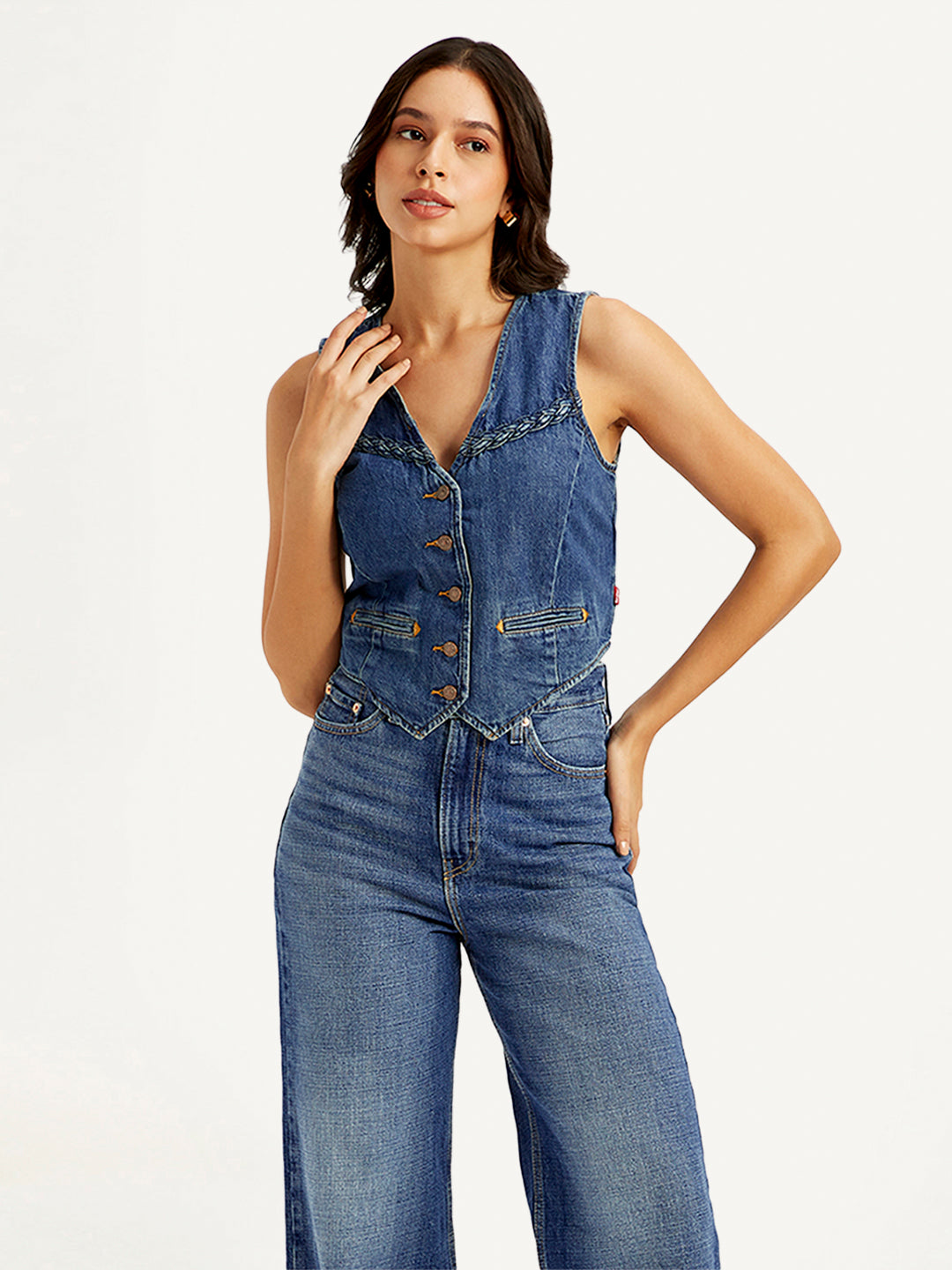 Women's Solid Blue Denim Waistcoat - 6cfec66705471f93eb45599cd47d3a88 View