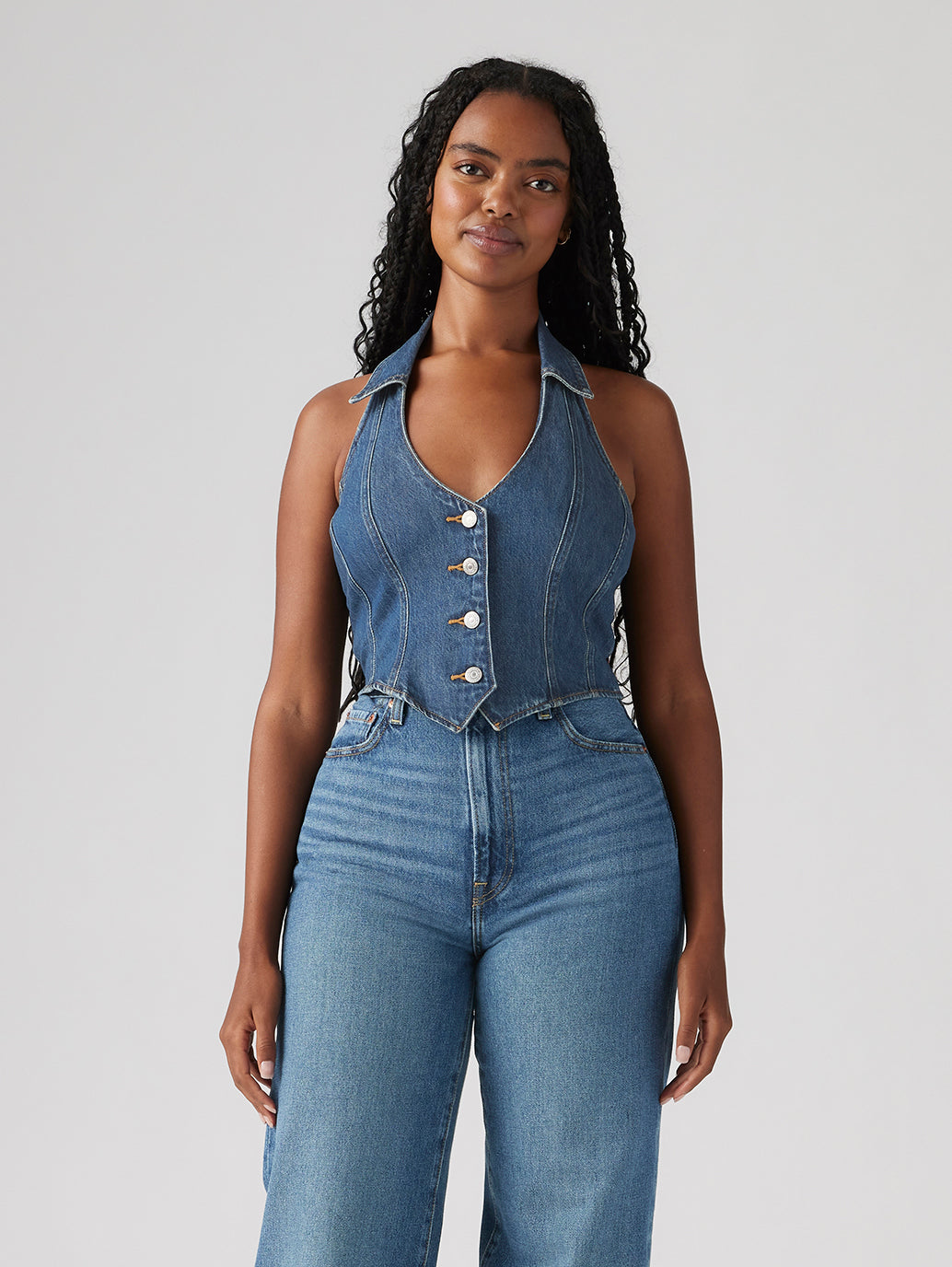 Women's Solid Blue Halter Neck Denim Corset Top